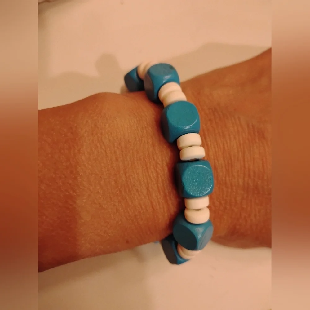 Blue and White Beaded Bracelet Wooden & Polymer Clay Beads Elastic String